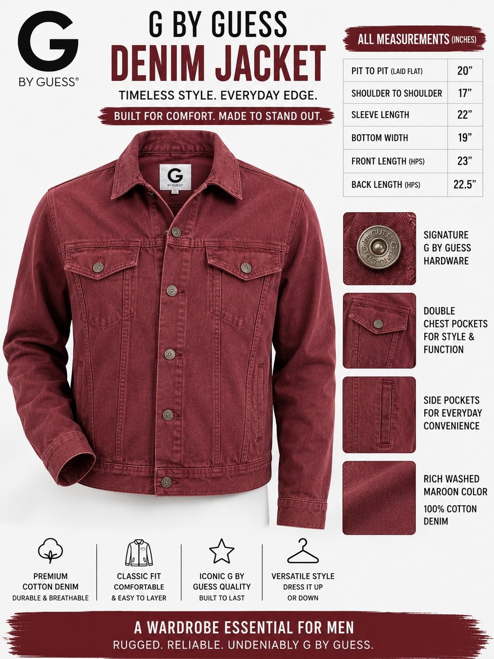 G BY GUESS Men's Maroon Denim Jacket – Size XS – 100% Cotton – Classic Trucker